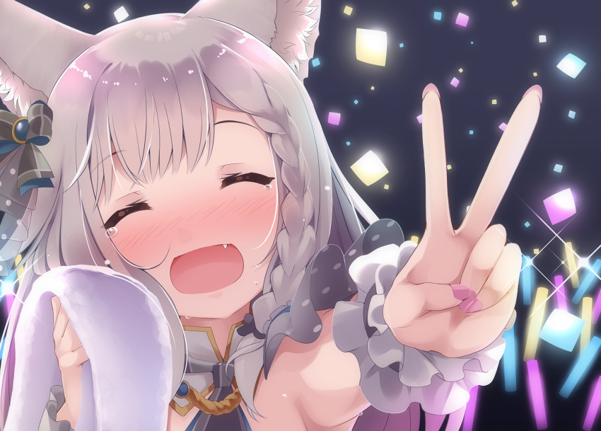 1girl :o animal_ear_fluff animal_ears animare bangs blush bow closed_eyes eyebrows_visible_through_hair fang hair_bow highres long_hair nail_polish pink_nails sch shiromiya_mimi silver_hair solo v virtual_youtuber