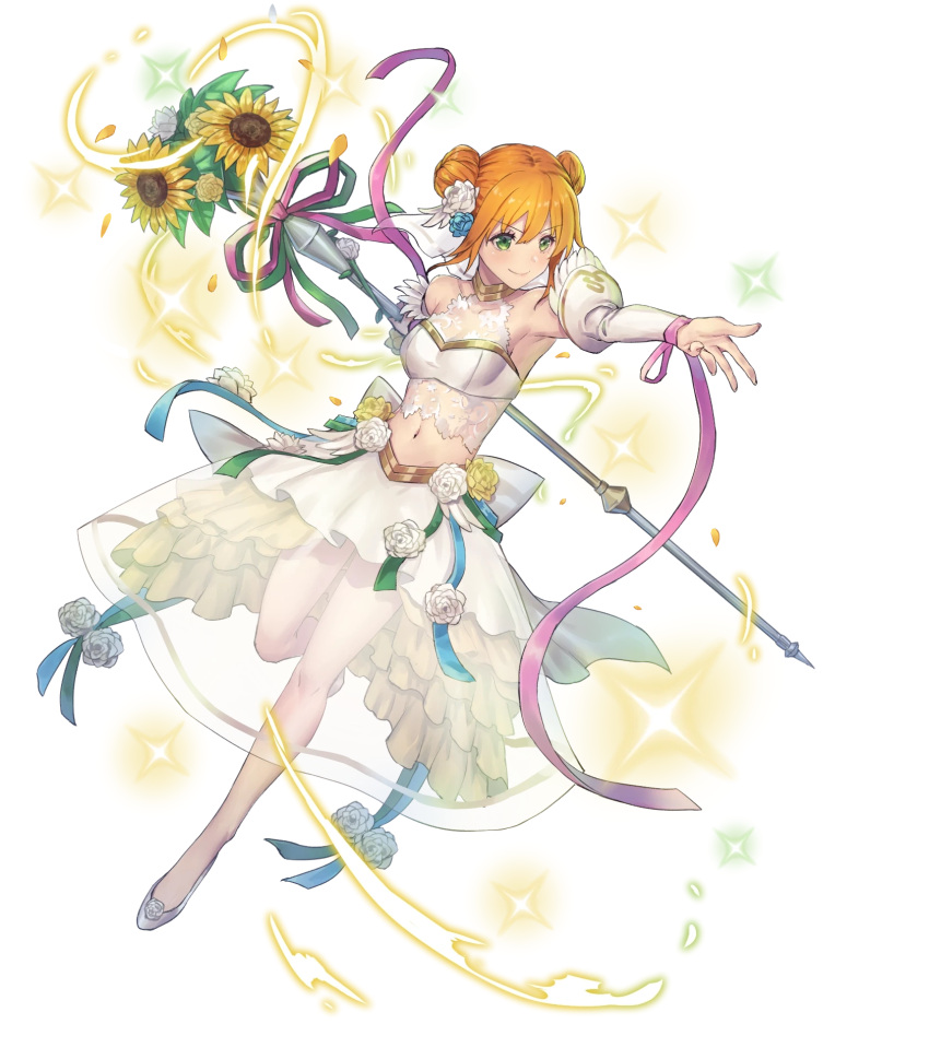 1girl armpits bangs blush bow bowtie breasts bridal_veil closed_mouth double_bun dress eyebrows_visible_through_hair fire_emblem fire_emblem:_the_binding_blade fire_emblem_heroes flower full_body gold_trim green_eyes hair_ornament highres holding larum_(fire_emblem) layered_skirt leg_up long_sleeves looking_away midriff navel non-web_source official_art orange_hair oukawa_yuu outstretched_arm rose see-through shiny shiny_hair shoes skirt sleeveless small_breasts smile sparkle staff stomach sunflower transparent_background veil wedding_dress white_dress white_flower white_footwear white_rose