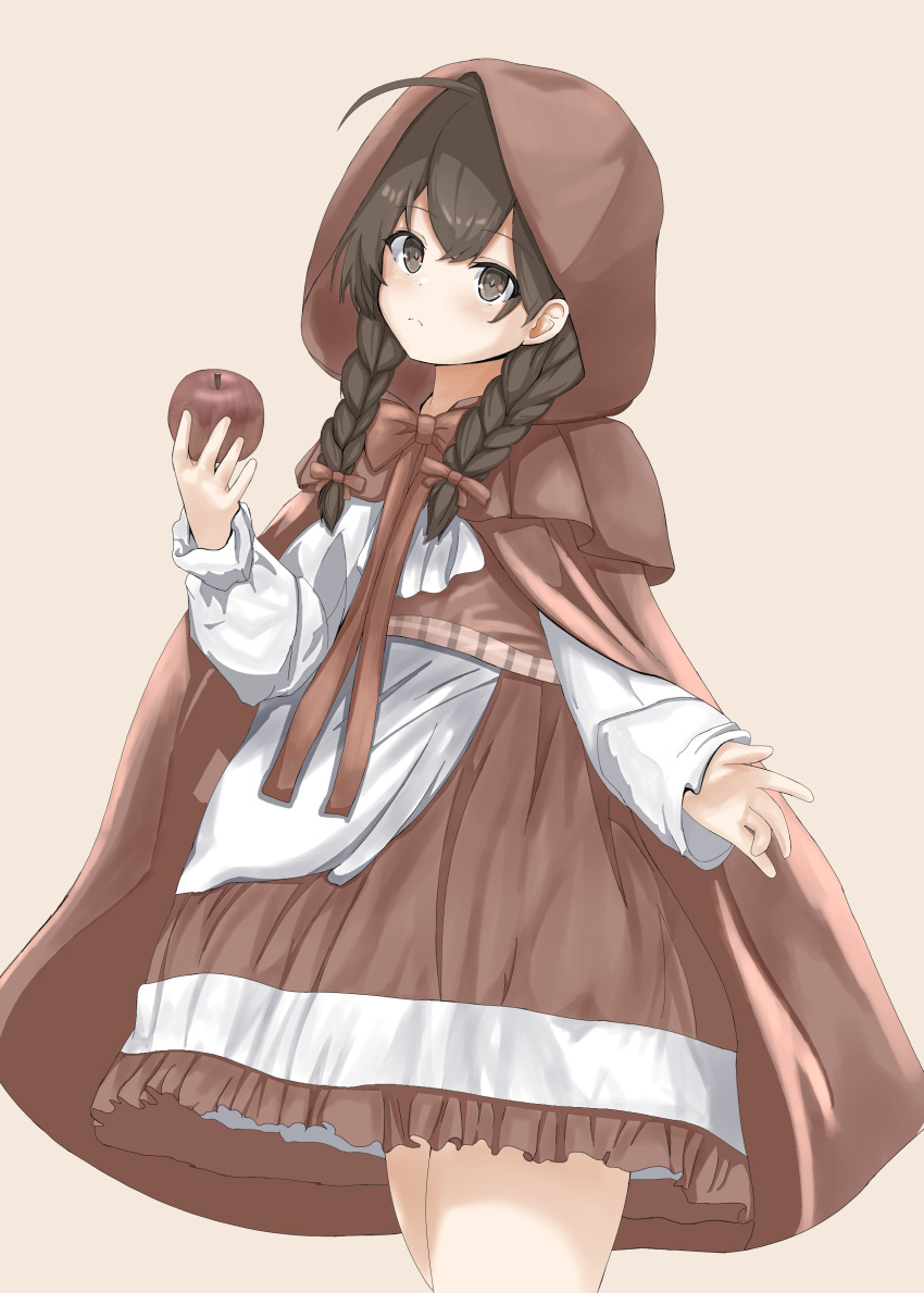 1girl absurdres apple beige_background blouse braid brown_eyes brown_hair brown_hood brown_skirt cosplay disuto dress food fruit highres holding holding_food holding_fruit hood hood_up kantai_collection little_red_riding_hood little_red_riding_hood_(grimm) little_red_riding_hood_(grimm)_(cosplay) long_hair long_sleeves shinshuu_maru_(kancolle) simple_background skirt solo standing twin_braids white_blouse white_dress