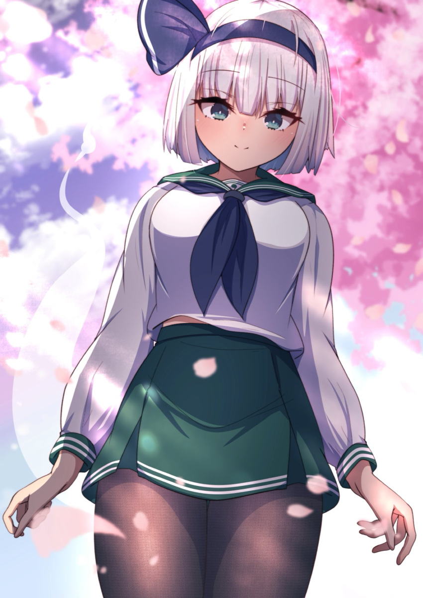 1girl alternate_costume arms_at_sides bangs black_headwear black_neckwear blunt_bangs blush bob_cut breasts cherry_blossoms closed_mouth commentary_request darumoon dot_nose eyebrows_visible_through_hair eyelashes ghost green_eyes green_skirt highres hitodama hitodama_print konpaku_youmu konpaku_youmu_(ghost) large_breasts long_sleeves looking_at_viewer miniskirt pantyhose petals sailor_collar school_uniform short_hair skirt smile solo standing thighs touhou tree