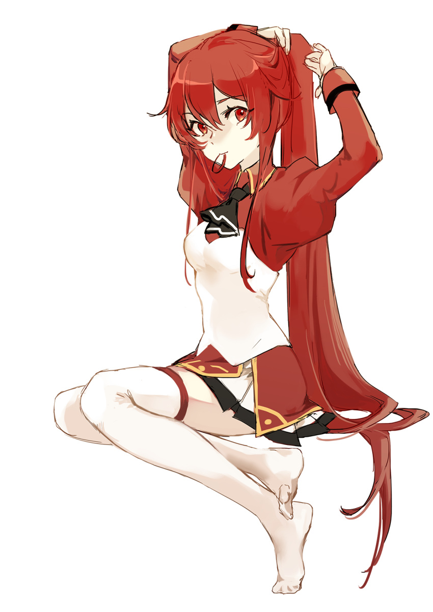 1girl 71pen adjusting_hair arms_behind_head arms_up ascot bangs black_ascot breasts commentary_request elesis_(elsword) elsword eyebrows_visible_through_hair free_knight_(elsword) hair_between_eyes hair_tie hair_tie_in_mouth hand_in_hair highres juliet_sleeves long_hair long_sleeves looking_at_viewer miniskirt mouth_hold ponytail puffy_sleeves red_eyes red_shirt redhead shirt sidelocks simple_background sitting skirt small_breasts solo thigh-highs two-tone_shirt tying_hair very_long_hair white_background white_legwear white_shirt white_skirt zettai_ryouiki