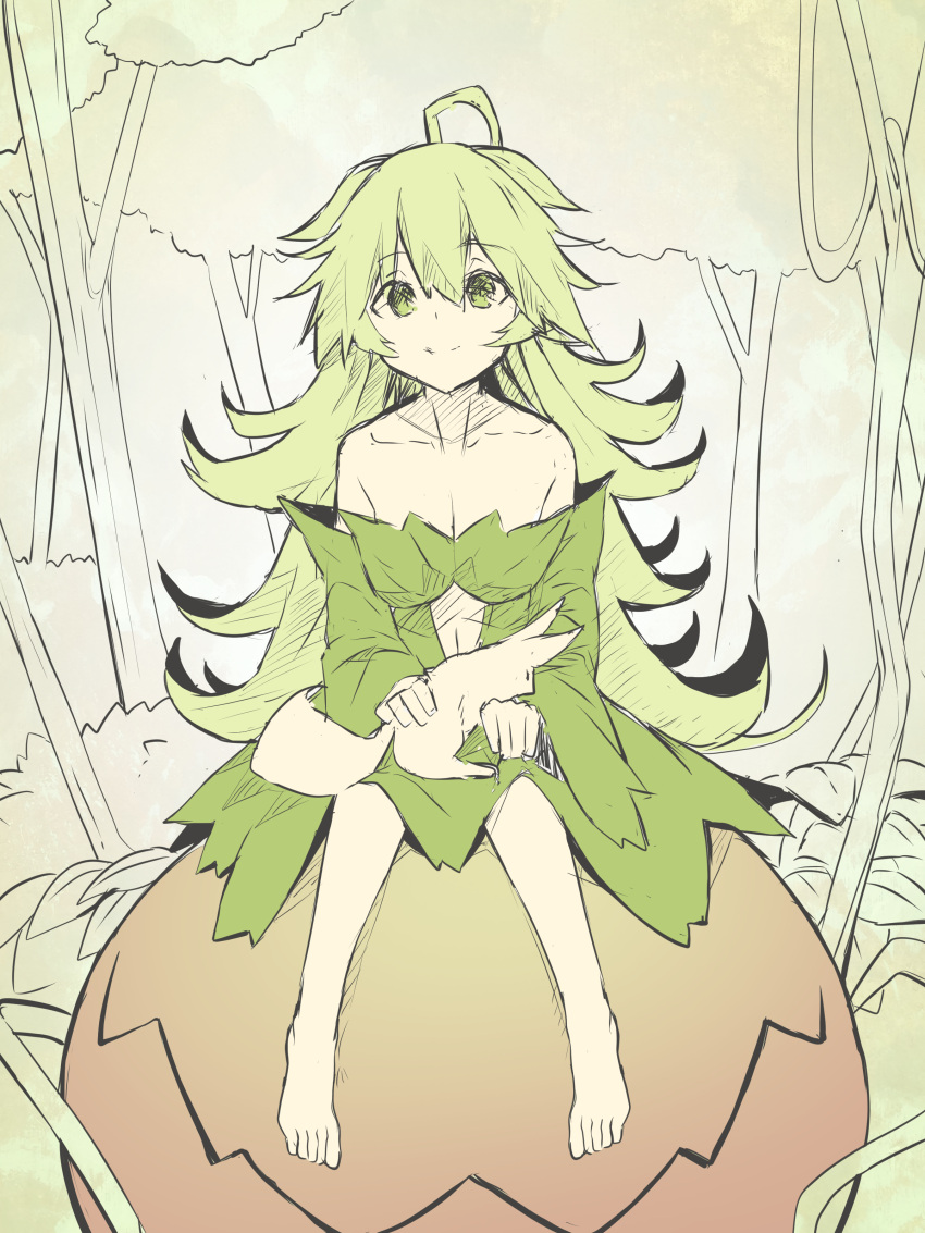 1girl absurdres ahoge animal bangs bare_shoulders barefoot closed_mouth collarbone commentary_request dress eyebrows_visible_through_hair fox full_body green_dress green_eyes green_hair hair_between_eyes highres long_hair looking_at_viewer off-shoulder_dress off_shoulder original smile solo tree very_long_hair yuuji_(yukimimi)
