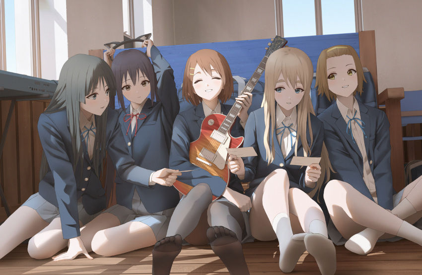 5girls ^_^ akiyama_mio animal_ears black_hair black_legwear blonde_hair blue_eyes brown_hair closed_eyes crossed_legs day electric_guitar fake_animal_ears forehead gibson_les_paul guitar hair_ornament hairband hairclip hirasawa_yui indoors instrument k-on! kotobuki_tsumugi long_hair long_sleeves maachi_(fsam4547) multiple_girls nakano_azusa no_shoes pantyhose parted_lips sakuragaoka_high_school_uniform school_uniform short_hair sitting skirt smile socks tainaka_ritsu thick_eyebrows white_legwear window wooden_floor yellow_eyes yellow_hairband