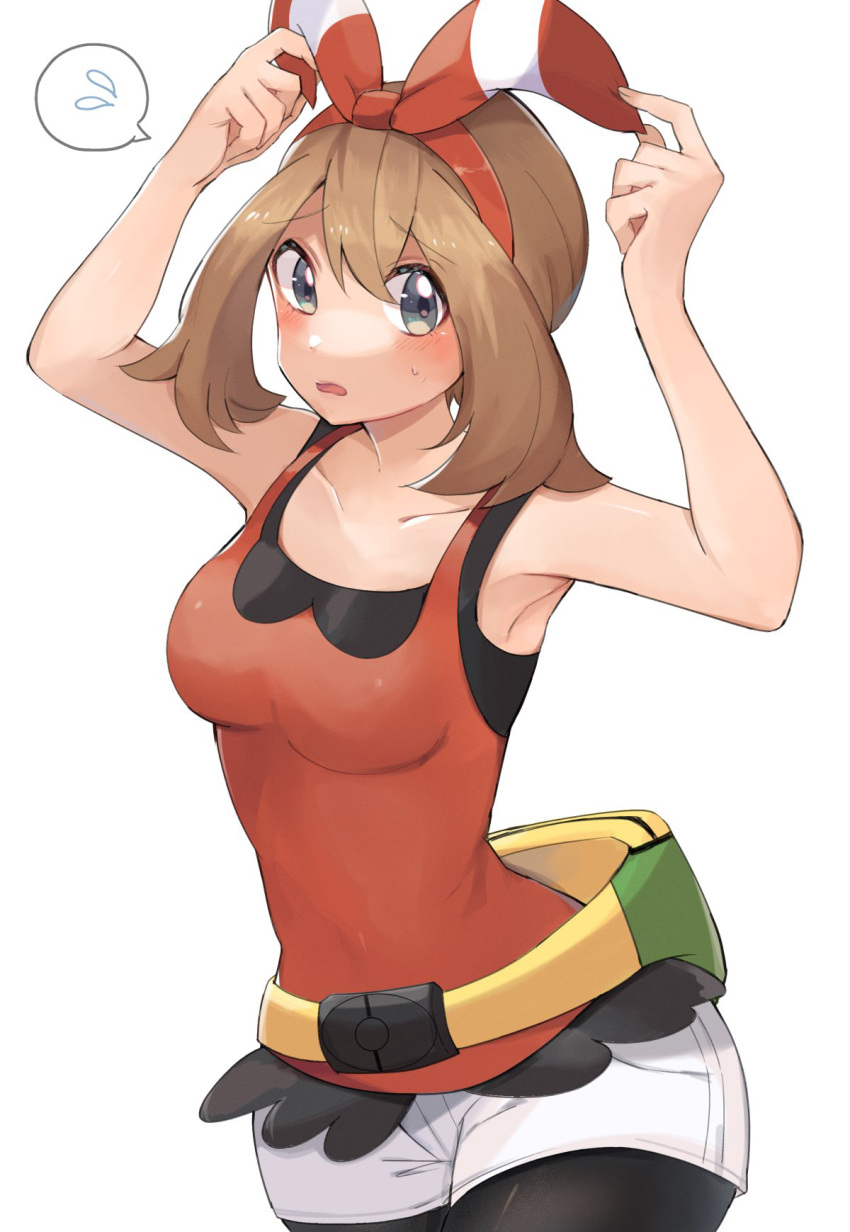 1girl bangs bare_arms bike_shorts bike_shorts_under_shorts blush bow_hairband breasts brown_hair collarbone commentary eyebrows_visible_through_hair fanny_pack hairband highres looking_at_viewer may_(pokemon) open_mouth pokemon pokemon_(game) pokemon_oras raised_eyebrows red_hairband red_shirt ririmon shirt shorts simple_background sleeveless sleeveless_shirt solo spoken_sweatdrop sweatdrop tongue white_background white_shorts yellow_bag