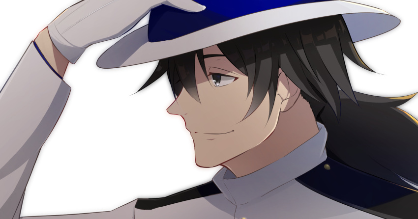 1boy arm_up bangs black_hair choco_(chocovix112) closed_mouth commentary fate/grand_order fate_(series) from_side gloves grey_eyes hair_between_eyes hand_on_headwear hat highres jacket long_hair long_sleeves low_ponytail male_focus ponytail portrait sakamoto_ryouma_(fate) simple_background smile solo thick_eyebrows white_background white_gloves white_headwear white_jacket