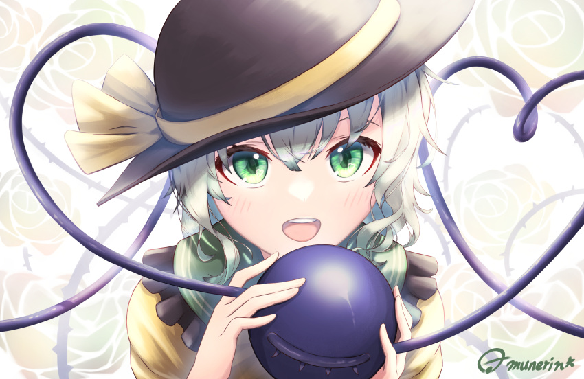 1girl :d absurdres bangs blush eyebrows_behind_hair face floral_background green_eyes hair_between_eyes hat heart heart_of_string highres komeiji_koishi looking_at_viewer medium_hair munerinrakugaki plant silver_hair smile solo third_eye thorns touhou vines