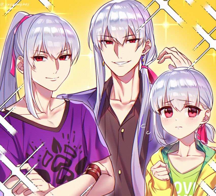 3boys bangs blush closed_mouth collarbone crossed_arms dress_shirt earrings fate/grand_order fate_(series) genderswap genderswap_(ftm) green_shirt grey_shirt grin hair_ribbon highres jacket jewelry kama_(fate) long_hair looking_at_viewer multiple_boys ponytail purple_jacket purple_shirt red_eyes ribbon shirt short_hair short_ponytail short_sleeves side_ponytail silver_hair smile sparkle thighs yayoi_maka yellow_jacket