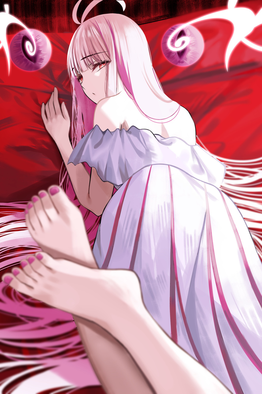 1girl ahoge bangs bare_shoulders barefoot breasts dress fate/grand_order fate_(series) feet highres koha-ace long_hair looking_at_viewer looking_back lying medium_breasts multicolored_hair nicky_w on_stomach oryou_(fate) oryou_(lancer)_(fate) pink_hair red_eyes solo toes two-tone_hair very_long_hair white_dress white_hair