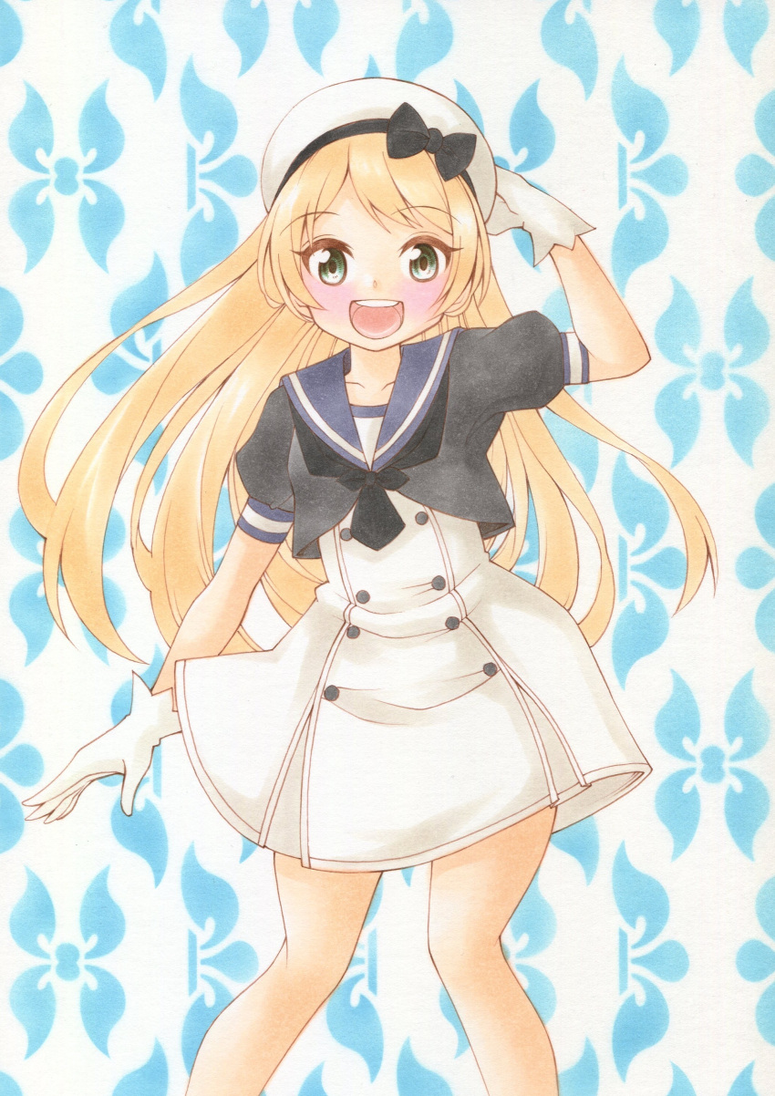 1girl absurdres black_eyes blonde_hair blue_background blue_sailor_collar dress feet_out_of_frame furuta_tomohiro gloves hat highres jervis_(kancolle) kantai_collection long_hair marker_(medium) mary_janes open_mouth round_teeth sailor_collar sailor_dress sailor_hat salute shoes skirt_hold smile solo standing teeth traditional_media upper_teeth white_dress white_gloves white_headwear