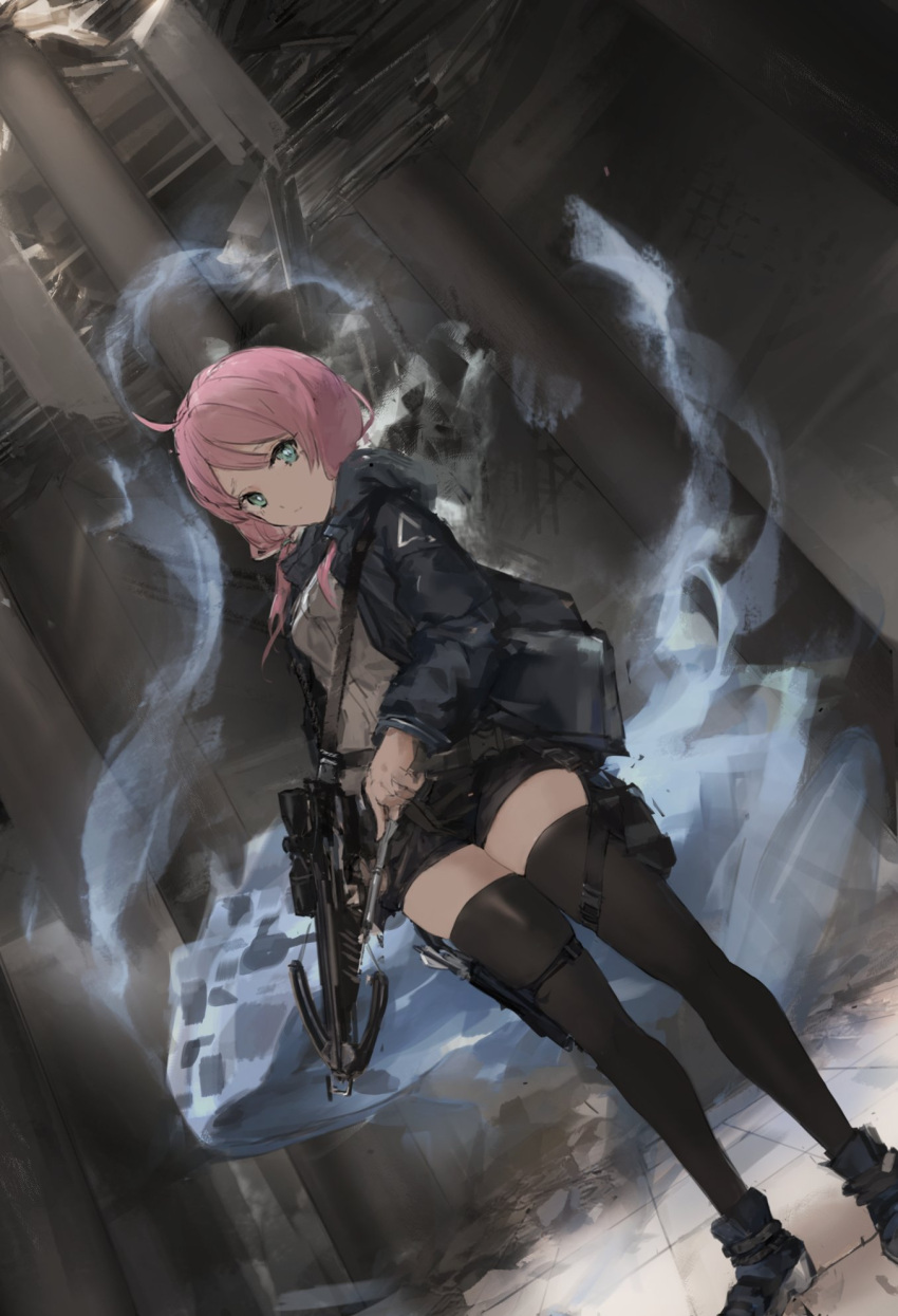 1girl arknights bangs blue_eyes blue_poison_(arknights) crossbow elite_ii_(arknights) highres holding holding_crossbow holding_weapon hood hood_down hooded_jacket jacket low_twintails pink_hair shorts solo thigh-highs twintails unitsu weapon