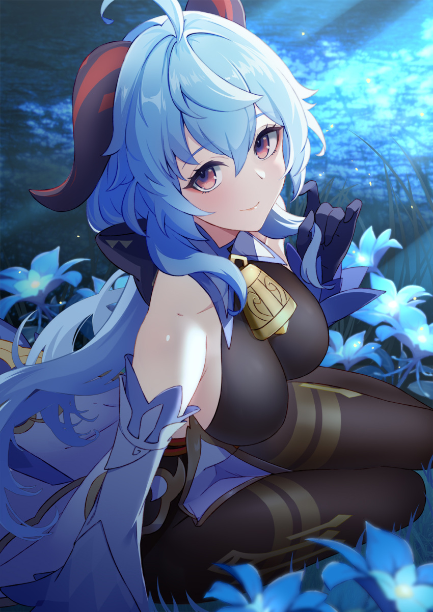 1girl ahoge bangs bare_shoulders bell black_gloves blue_hair blush bodystocking breasts brown_legwear detached_sleeves dress elbow_gloves field flower flower_field ganyu_(genshin_impact) genshin_impact gloves highres horns large_breasts long_hair looking_at_viewer pantyhose sitting smile solo thighs tyenka7728 violet_eyes white_dress