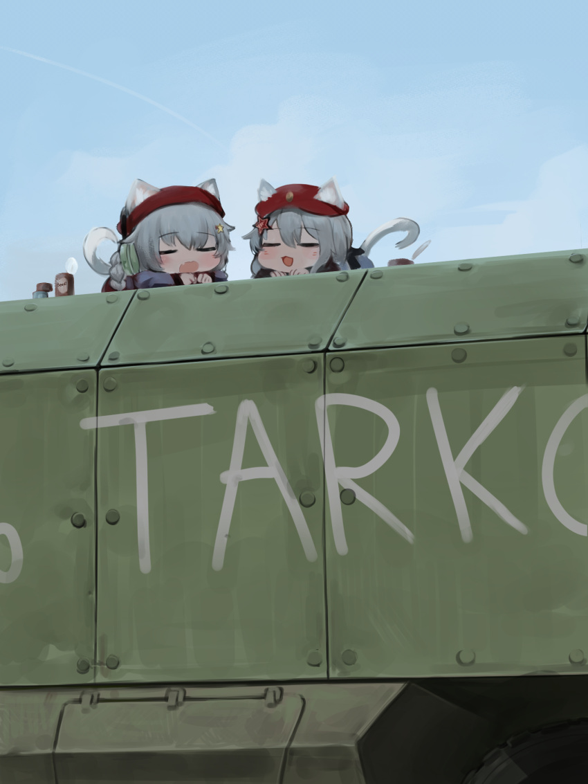 2girls 9a-91_(girls'_frontline) :d animal_ear_fluff animal_ears bangs beret blue_jacket blue_sky blush braid cat_ears cat_girl cat_tail closed_eyes clouds commentary day dokomon ears_through_headwear english_commentary escape_from_tarkov eyebrows_visible_through_hair girls_frontline grey_hair hair_between_eyes hat highres jacket kemonomimi_mode long_hair long_sleeves minigirl multiple_girls ots-12_(girls'_frontline) outdoors red_headwear sky smile tail