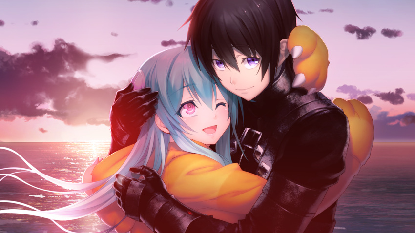 1boy 1girl ;d animal_hands bangs black_gloves black_hair blue_hair cardigan closed_mouth clouds couple eyebrows_visible_through_hair floating_hair game_cg gloves gradient_hair hair_between_eyes hair_ornament hetero hood hood_down hooded_cardigan hougyou_ilia hug long_hair multicolored_hair nagaoka_souun ocean official_art one_eye_closed oosaki_shin'ya outdoors paw_gloves pink_eyes shiny shiny_hair short_hair silver_hair smile sunrise tokyo_necro upper_body very_long_hair violet_eyes yellow_cardigan yellow_gloves