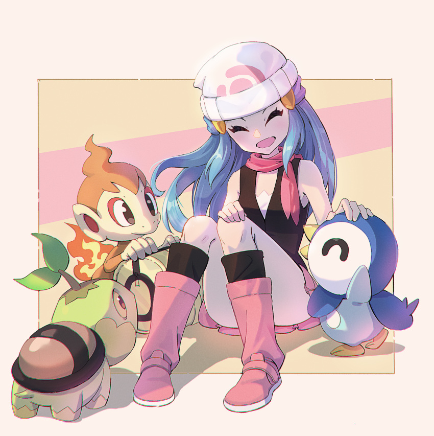 1girl :d bare_arms beanie black_legwear black_shirt blue_hair boots chimchar closed_eyes commentary_request eyelashes hair_ornament hairclip hat headpat highres hikari_(pokemon) kneehighs knees long_hair open_mouth petting pink_footwear pink_scarf piplup pokemon pokemon_(creature) pokemon_(game) pokemon_dppt samiou scarf shirt sidelocks sitting sleeveless sleeveless_shirt smile starter_pokemon_trio turtwig white_headwear