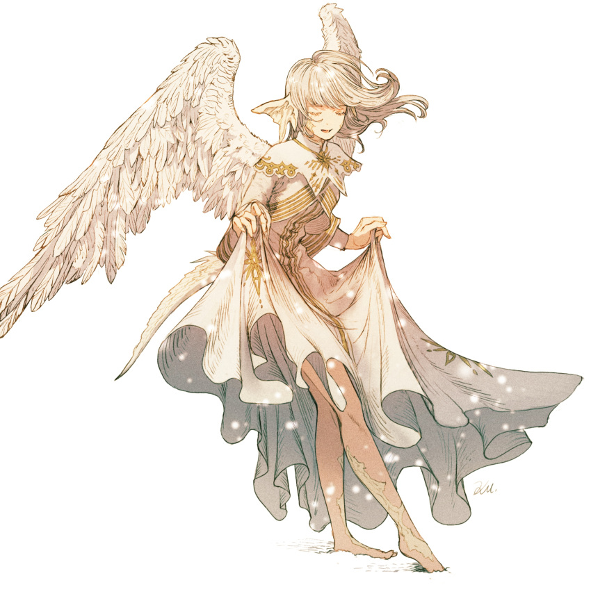 1girl absurdres animal_ears au_ra avatar_(ffxiv) bangs barefoot capelet closed_eyes dress feathered_wings final_fantasy final_fantasy_xiv fingernails floating_hair full_body gold_trim grey_hair highres kuroimori leaning_forward long_sleeves lower_teeth medium_hair open_mouth plantar_flexion signature simple_background skirt_hold smile snow snowing solo standing tail teeth white_background white_capelet white_dress white_wings wings