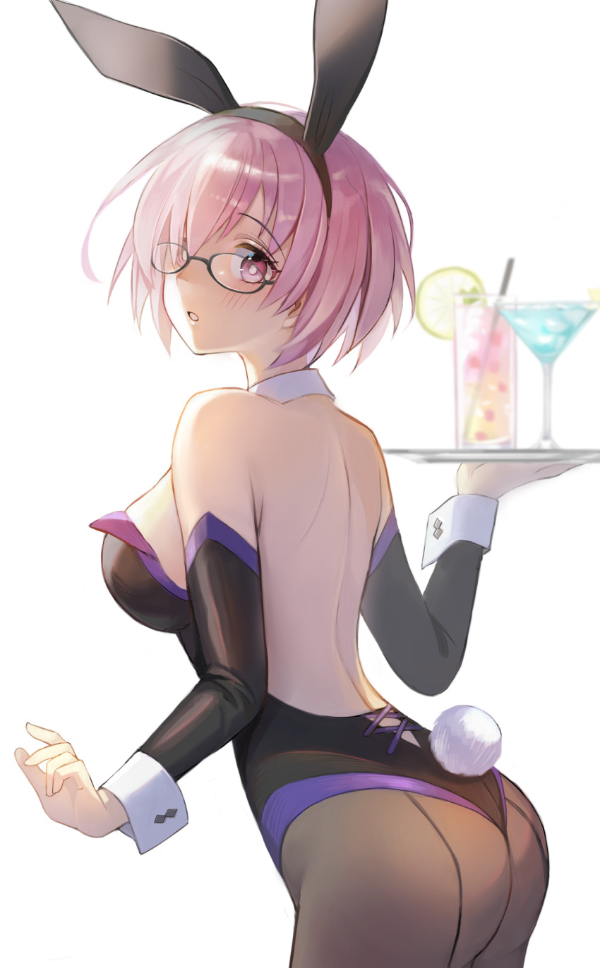 1girl animal_ears ass back bangs bare_shoulders black_leotard blush breasts brown_legwear cup detached_collar drinking_glass fake_animal_ears fate/grand_order fate_(series) glasses hair_over_one_eye highleg highleg_leotard highres large_breasts leotard light_purple_hair looking_at_viewer looking_back mash_kyrielight moguta_(moguta9) open_mouth pantyhose playboy_bunny rabbit_ears rabbit_tail short_hair solo tail thighs tray violet_eyes wrist_cuffs