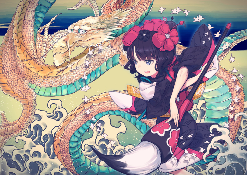 1girl bangs blue_eyes blush breasts daisi_gi dragon eastern_dragon fate/grand_order fate_(series) fur_collar giant_brush hair_ornament hairpin highres holding holding_paintbrush japanese_clothes katsushika_hokusai_(fate) kimono large_breasts long_sleeves looking_to_the_side open_mouth paintbrush purple_hair purple_kimono red_kimono sash short_hair waves wide_sleeves