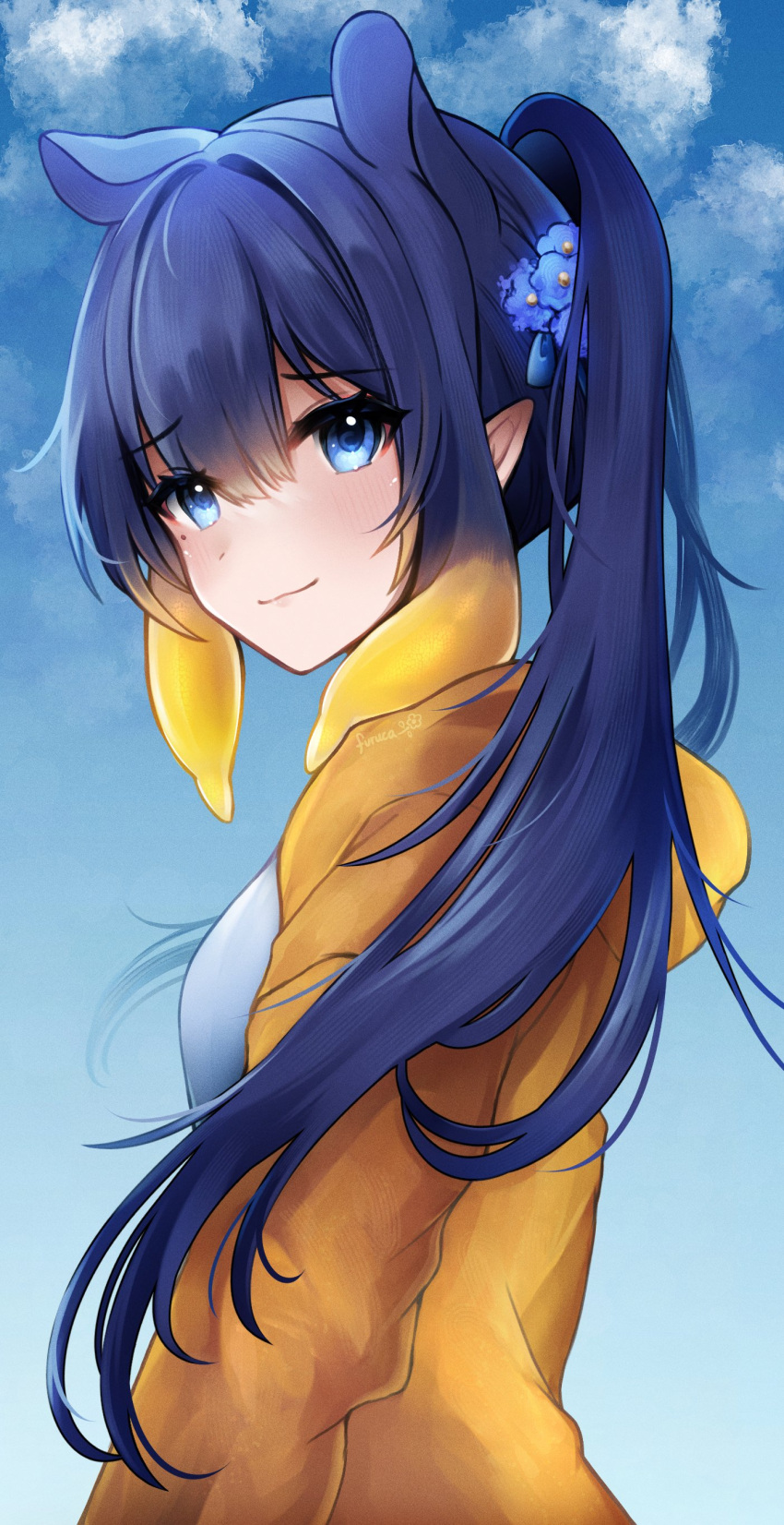 1girl absurdres blue_eyes blue_flower closed_mouth clouds flower furuca hair_between_eyes hair_flower hair_ornament highres hololive hololive_english jacket long_hair mole mole_under_eye multicolored_hair ninomae_ina'nis orange_hair pointy_ears ponytail purple_hair sky solo tentacle_hair two-tone_hair yellow_jacket