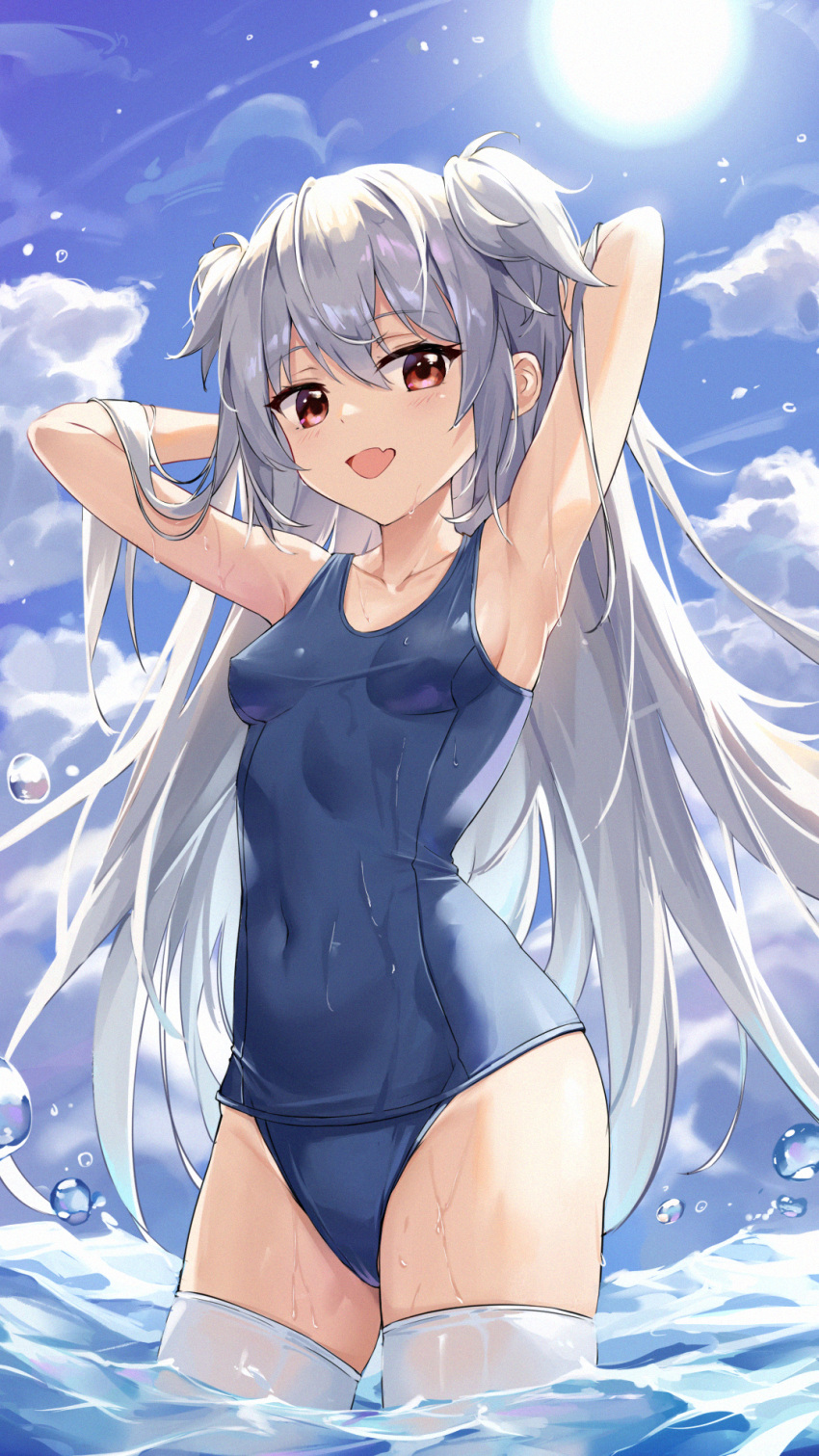 1girl :d armpits arms_behind_head arms_up bangs bare_arms bare_shoulders beten blue_sky blue_swimsuit breasts clouds commentary covered_navel day eyebrows_visible_through_hair grey_hair hair_between_eyes highres long_hair old_school_swimsuit one-piece_swimsuit original outdoors red_eyes school_swimsuit sky small_breasts smile solo standing sun swimsuit thigh-highs two_side_up very_long_hair wading water white_legwear