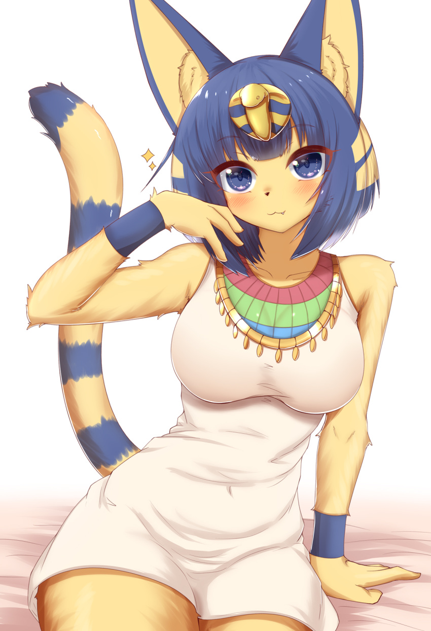 1girl :3 animal_crossing animal_ears animal_nose ankha_(animal_crossing) arm_support bangs bare_shoulders bed_sheet blonde_hair blue_eyes blunt_bangs blush bob_cut body_fur breasts cat_ears cat_girl cat_tail closed_mouth collarbone commentary covered_navel cowboy_shot dress egyptian eyebrows_visible_through_hair fang fang_out furry furry_female hair_ornament hand_up happy highres horokusa_(korai) large_breasts leaning_to_the_side looking_at_viewer multicolored_hair shiny shiny_hair short_hair sidelocks simple_background sitting sleeveless sleeveless_dress smile snake_hair_ornament solo sparkle tail two-tone_hair white_background white_dress wristband yellow_fur