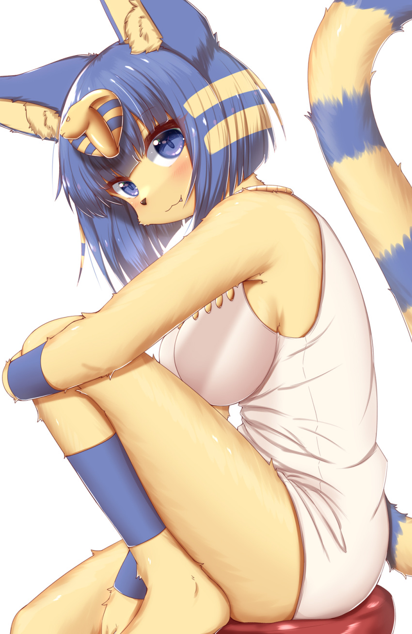 1girl :3 animal_crossing animal_ear_fluff animal_ears animal_nose ankha_(animal_crossing) bangs bare_shoulders barefoot blonde_hair blue_eyes blue_hair blunt_bangs body_fur breasts cat_ears cat_girl cat_tail closed_mouth commentary_request dress egyptian eyebrows_visible_through_hair fang fang_out from_side furry furry_female hair_ornament happy highres horokusa_(korai) hugging_own_legs knee_up large_breasts leg_warmers looking_at_viewer multicolored_hair on_stool shiny shiny_hair short_dress short_hair sideboob sidelocks simple_background sitting sleeveless sleeveless_dress smile snake_hair_ornament solo stool striped_tail tail tail_raised two-tone_hair white_background white_dress wristband yellow_fur