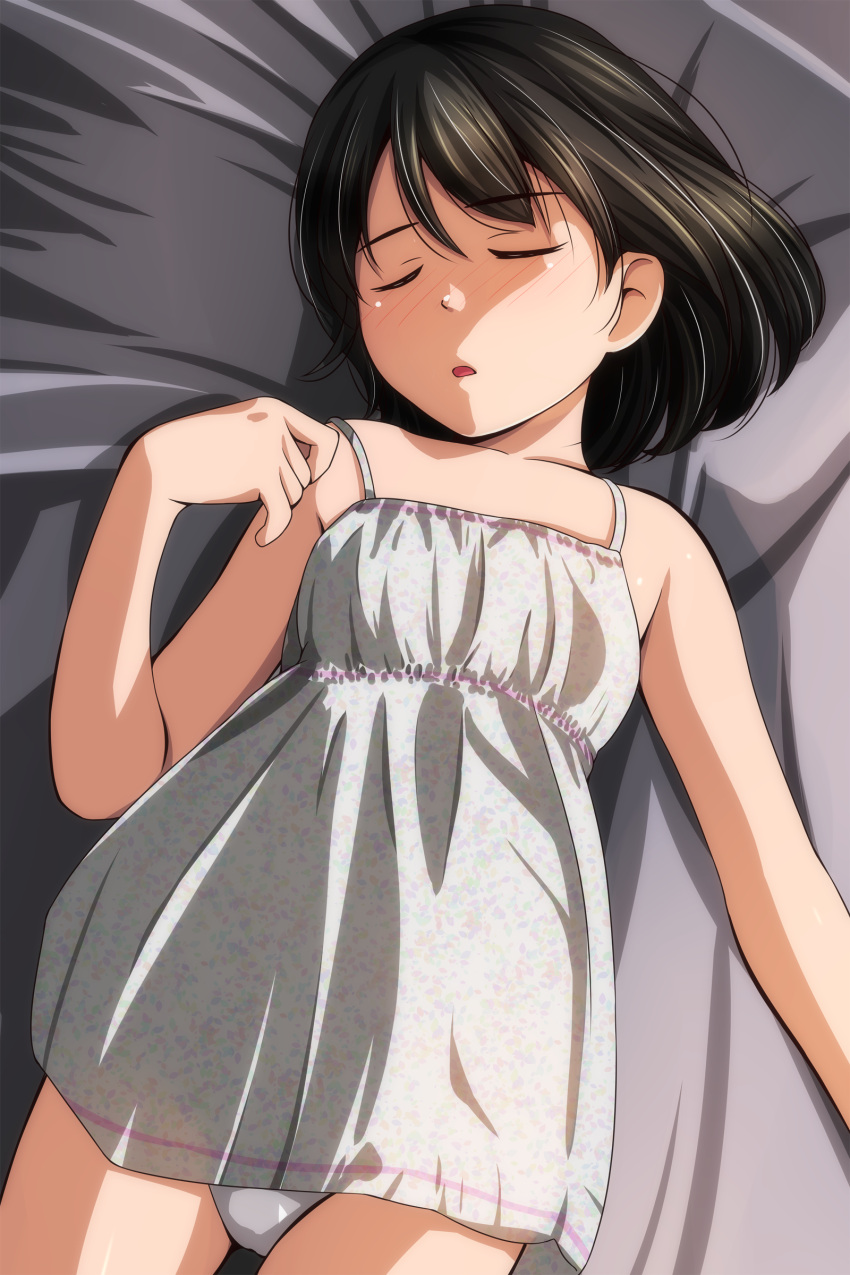 1girl absurdres bangs bare_arms bare_shoulders bed_sheet black_hair blush closed_eyes collarbone dress eyebrows_visible_through_hair facing_viewer highres lying matsunaga_kouyou nose_blush on_back original panties parted_lips sleeveless sleeveless_dress solo underwear white_dress white_panties