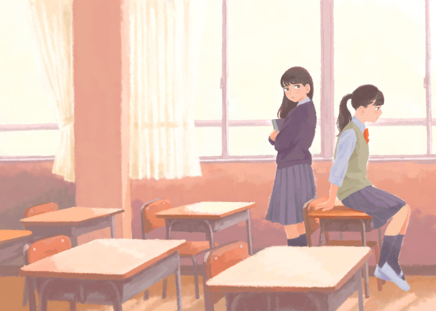 2girls bangs black_hair black_legwear black_skirt black_sweater book commission curtains desk green_sweater highres holding holding_book indoors inoue_haruka_(haruharu210) long_hair long_sleeves multiple_girls on_desk original ponytail profile shadow shirt shoes sitting sitting_on_desk skirt socks sweater white_footwear white_shirt wide_shot window