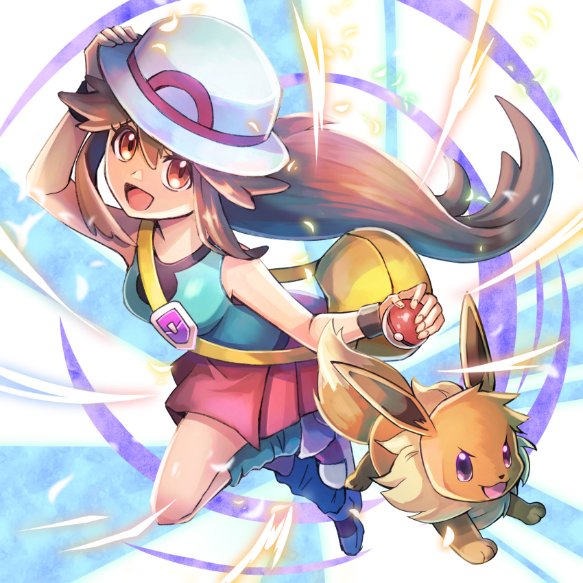 1girl :d bag black_wristband blue_legwear blue_shirt brown_eyes brown_hair bucket_hat commentary_request eevee eyelashes hair_flaps hat highres holding holding_poke_ball leaf_(pokemon) long_hair loose_socks messenger_bag open_mouth pleated_skirt poke_ball poke_ball_(basic) pokemon pokemon_(creature) pokemon_(game) pokemon_frlg red_skirt shirt shoes shoulder_bag skirt sleeveless sleeveless_shirt smile tongue vs_seeker white_footwear white_headwear wristband yellow_bag zeroki_(izuno)