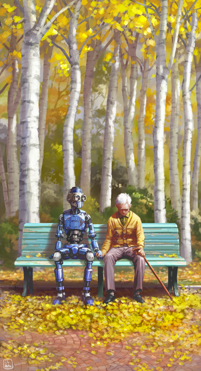 1boy absurdres autumn_leaves bench brick_road bush cane closed_eyes head_down highres holding holding_cane holding_hands interlocked_fingers kosian looking_down old old_man original pants robot science_fiction shoes signature sitting_on_bench sweater tree white_hair yellow_leaves