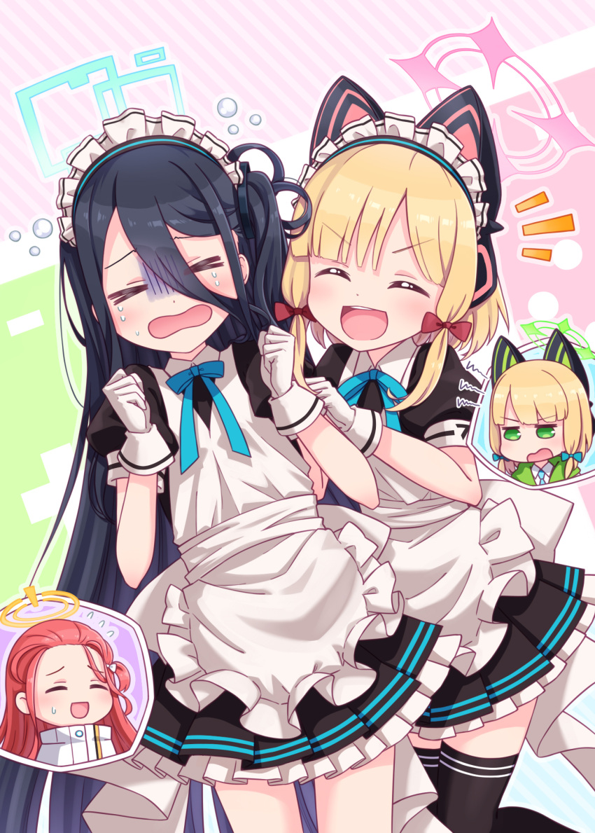 &gt;_&lt; 4girls absurdly_long_hair alternate_costume animal_ear_headphones apron arisu_(blue_archive) bangs black_dress black_legwear blonde_hair blue_archive blue_bow blue_neckwear bow cat_ear_headphones closed_eyes dark_blue_hair dress enmaided frilled_apron frilled_dress frills gloves green_eyes hair_between_eyes hair_bow halo harada_(sansei_rain) headphones highres long_hair maid maid_apron maid_headdress midori_(blue_archive) momoi_(blue_archive) multiple_girls neck_ribbon open_mouth puffy_short_sleeves puffy_sleeves red_bow redhead ribbon short_sleeves siblings sisters smile thigh-highs twins very_long_hair white_apron white_gloves wrist_cuffs yuzu_(blue_archive)