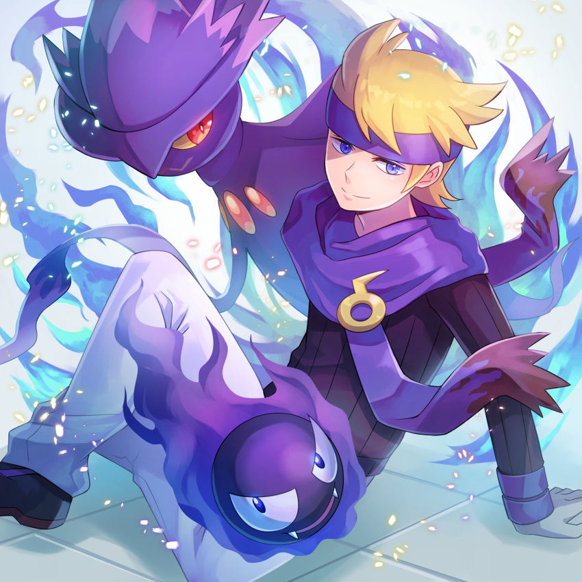 1boy arm_support bangs black_footwear black_sweater blonde_hair blue_eyes closed_mouth commentary_request gastly highres long_sleeves male_focus mismagius morty_(pokemon) pants pokemon pokemon_(creature) pokemon_(game) pokemon_hgss purple_headband purple_scarf ribbed_sweater scarf shoes short_hair sitting smile sweater white_pants zeroki_(izuno)