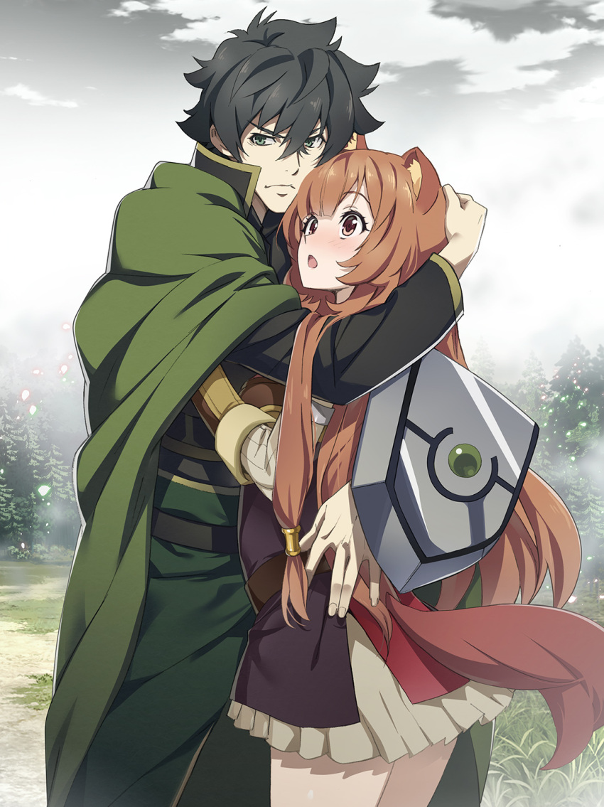 1boy 1girl :o animal_ears bangs belt black_hair blush brown_eyes brown_gloves brown_hair cape closed_mouth commentary cowboy_shot dress gloves green_cape green_eyes green_pants highres hug iwatani_naofumi long_hair long_sleeves looking_ahead looking_at_another nail nyoro_(nyoronyoro000) outdoors pants raccoon_ears raccoon_girl raccoon_tail raphtalia shield short_dress short_hair standing tail tate_no_yuusha_no_nariagari