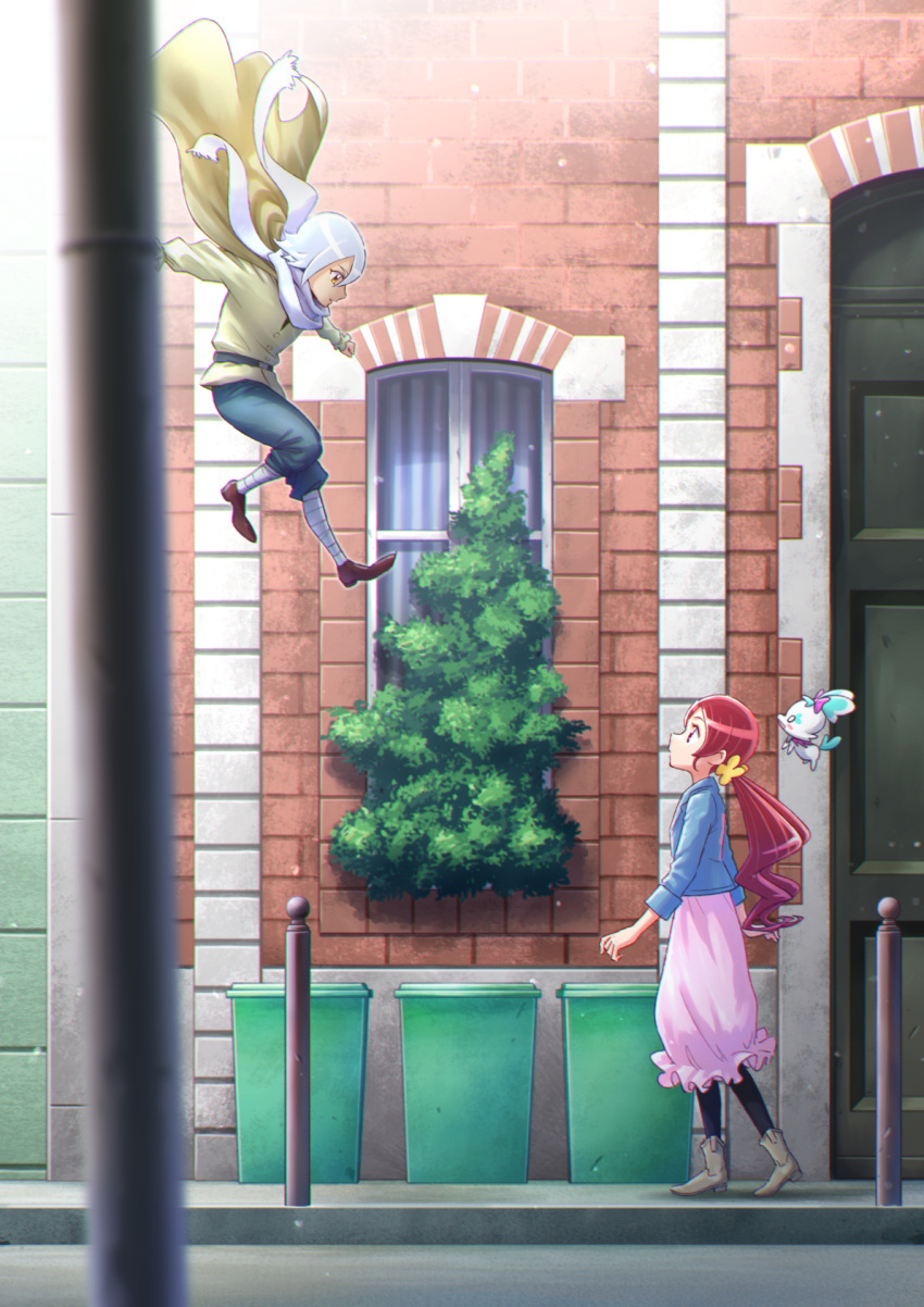 1boy 1girl black_legwear blue_jacket blurry blurry_foreground boots brown_footwear chypre_(heartcatch_precure!) eye_contact flying from_side hair_ornament hanasaki_tsubomi heartcatch_precure! highres itou_shin'ichi jacket long_hair long_skirt long_sleeves looking_at_another olivier_(heartcatch_precure!) outdoors pants pink_skirt precure profile redhead road shiny shiny_hair short_hair silver_hair skirt street twintails