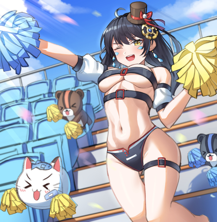 1girl ;d absurdres ahoge bare_shoulders belt beltbra bikini bikini_bottom black_bikini black_hair breasts cheering cheerleader day detached_sleeves earrings elsword eve_(elsword) facial_mark hat highres holding holding_pom_poms jewelry long_hair looking_at_viewer medium_breasts midriff mini_hat mini_top_hat navel one_eye_closed outdoors outstretched_arm pom_pom_(cheerleading) revealing_clothes smile solo stomach sunlight swimsuit thigh_gap thigh_strap thighs top_hat under_boob woogi yellow_eyes