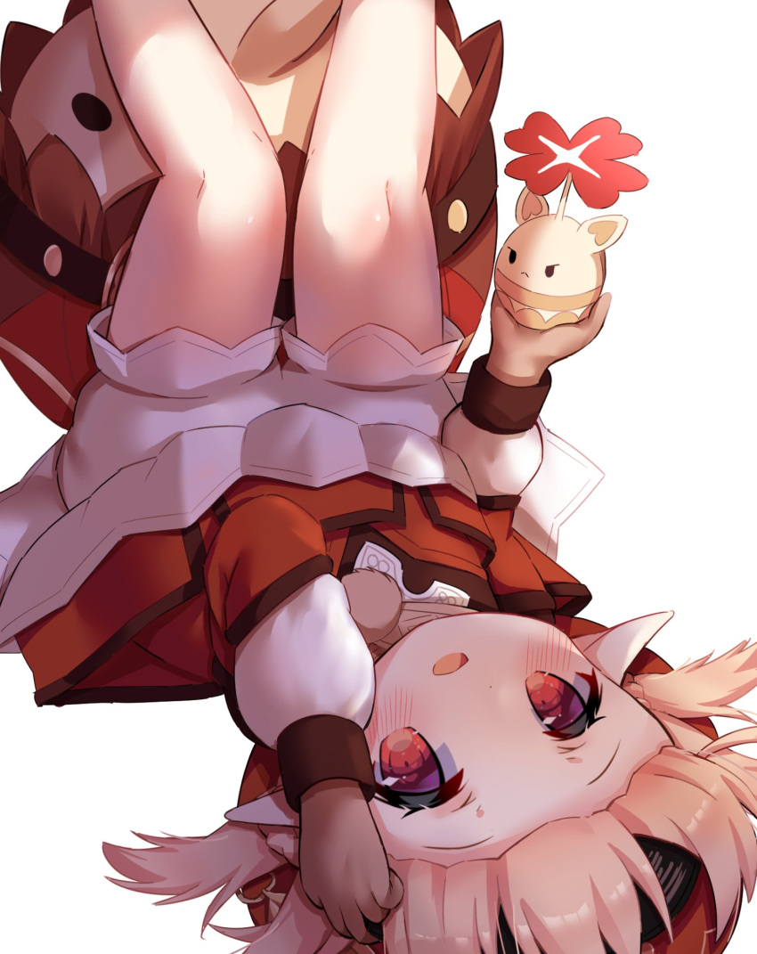 1girl blonde_hair bloomers blush brown_gloves clothes_lift dress dress_lift forehead genshin_impact gloves hat highres jumpy_dumpty klee_(genshin_impact) legs legs_up long_hair lying on_back open_mouth pointy_ears red_dress red_eyes red_headwear short_dress siera_(sieracitrus) simple_background smile solo thighs twintails underwear white_background white_bloomers