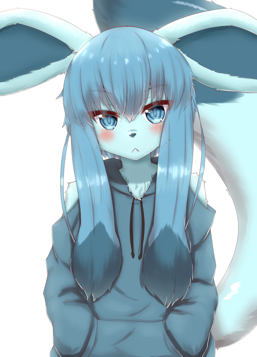 1girl :&lt; animal_ears animal_nose bangs bare_shoulders blue_eyes blue_fur blue_hair blue_hoodie blue_sweater blush body_fur closed_mouth clothing_cutout commentary_request drawstring fang fang_out flat_chest fox_ears fox_girl fox_tail furry furry_female glaceon hands_in_pockets highres hood hood_down hoodie horokusa_(korai) large_tail long_hair long_sleeves looking_at_viewer multicolored_hair personification pokemon pokemon_(creature) shiny shiny_hair shoulder_cutout sidelocks simple_background solo standing straight-on sweater tail tail_raised two-tone_hair white_background