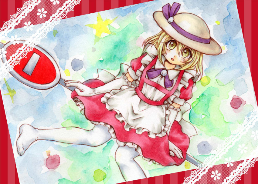 1girl :d alternate_color apron bangs blonde_hair bowler_hat christmas collared_shirt commentary_request dress dutch_angle elbow_gloves eyebrows_visible_through_hair eyes_visible_through_hair frilled_dress frills gloves hair_between_eyes hat hat_ribbon highres io_(maryann_blue) kana_anaberal lace looking_at_viewer maid_apron no_shoes official_alternate_costume open_mouth painting_(medium) pantyhose puffy_short_sleeves puffy_sleeves purple_ribbon red_dress ribbon road_sign shirt short_hair short_sleeves sign sitting smile solo tongue touhou touhou_(pc-98) traditional_media waist_apron watercolor_(medium) white_gloves white_headwear white_legwear yellow_eyes