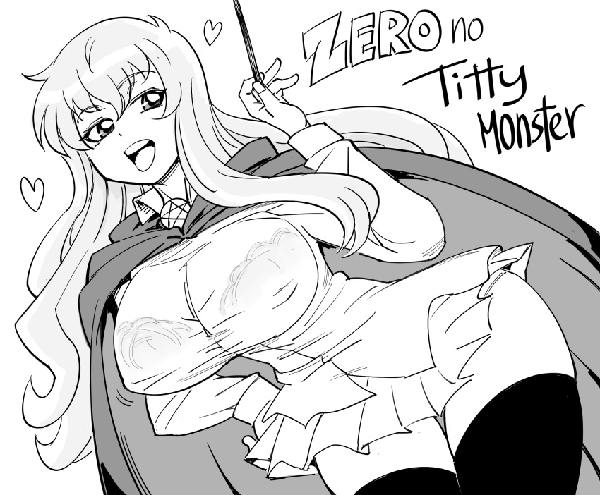 1girl alternate_breast_size bb_(baalbuddy) breasts english_text greyscale heart highres holding holding_wand large_breasts long_hair louise_francoise_le_blanc_de_la_valliere monochrome open_mouth pleated_skirt see-through_shirt simple_background skirt solo thigh-highs wand white_background zero_no_tsukaima
