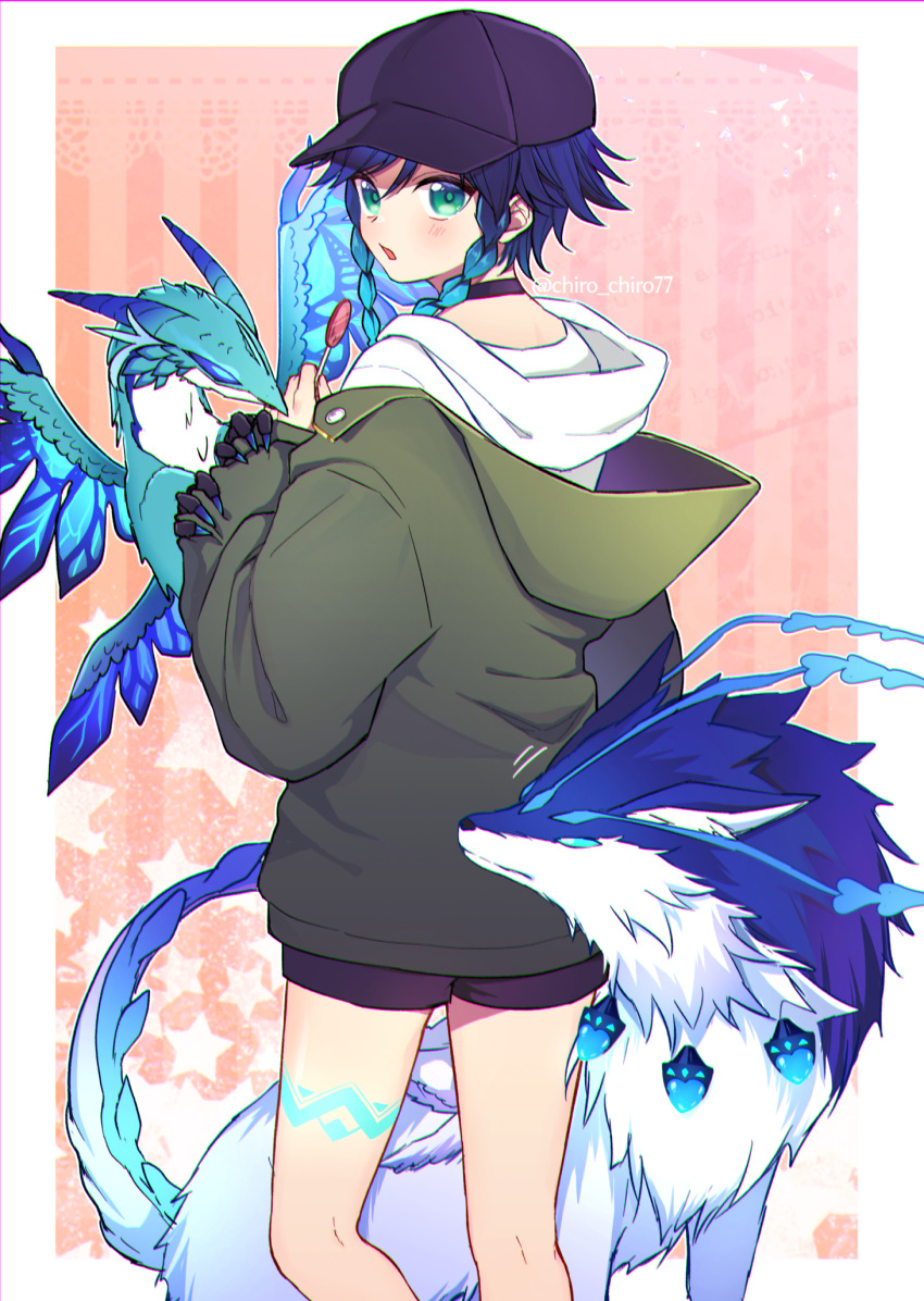 1boy andrius_(genshin_impact) androgynous bangs baseball_cap black_hair blue_hair blush braid chiroron choker commentary_request contemporary dragon dvalin_(genshin_impact) from_behind genshin_impact gradient_hair green_eyes hat highres holding holding_stick hood hood_down hoodie jacket leg_tattoo long_sleeves looking_at_viewer looking_back male_focus multicolored_hair open_mouth short_hair_with_long_locks shorts side_braids sidelocks simple_background solo star_(symbol) stick tattoo twin_braids twitter_username venti_(genshin_impact) wolf
