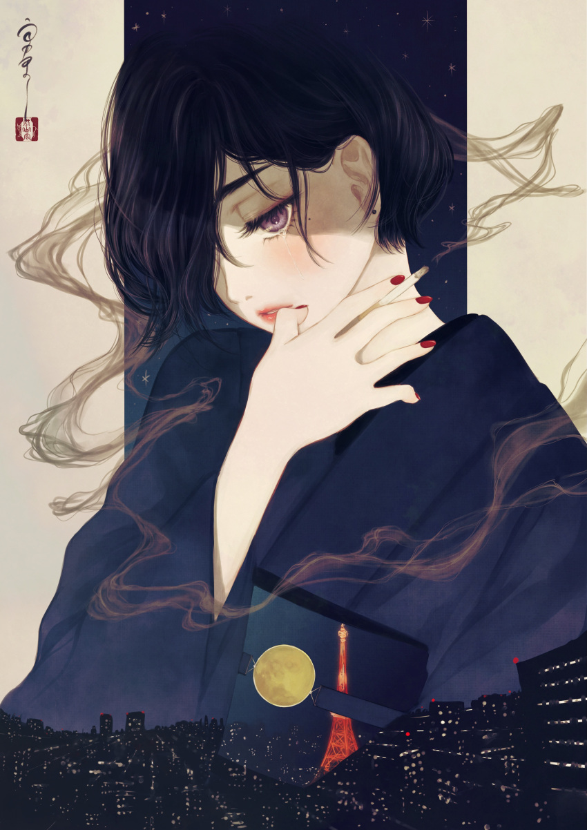 1girl absurdres black_hair blue_kimono cigarette city city_lights commentary earrings finger_to_mouth full_moon hair_over_one_eye half-closed_eyes highres holding holding_cigarette japanese_clothes jewelry kimono long_sleeves looking_down medibang_paint_(medium) mole mole_under_eye moon nail_polish night one_eye_covered original outside_border parted_lips red_nails seal_impression short_hair signature sky skyline smoke smoking solo star_(sky) starry_background starry_sky surreal tears tokyo_(city) tokyo_tower upper_body ushiyama_ame violet_eyes