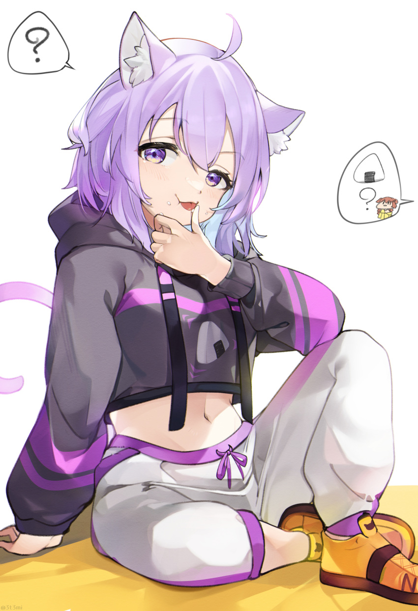 1girl ? absurdres ahoge animal_ear_fluff animal_ears bangs black_hoodie blue_hair blush cat_ears cat_girl cat_tail colored_inner_hair commentary_request cropped_hoodie eyebrows_visible_through_hair food food_on_face hat highres hololive hood hood_down hoodie inugami_korone licking licking_finger long_sleeves looking_at_viewer midriff mimizuku_(mmiganaru) multicolored_hair navel nekomata_okayu onigiri_print pants purple_hair shoes solo spoken_character spoken_food spoken_question_mark tail tongue tongue_out violet_eyes virtual_youtuber white_background white_pants witch_hat yellow_footwear