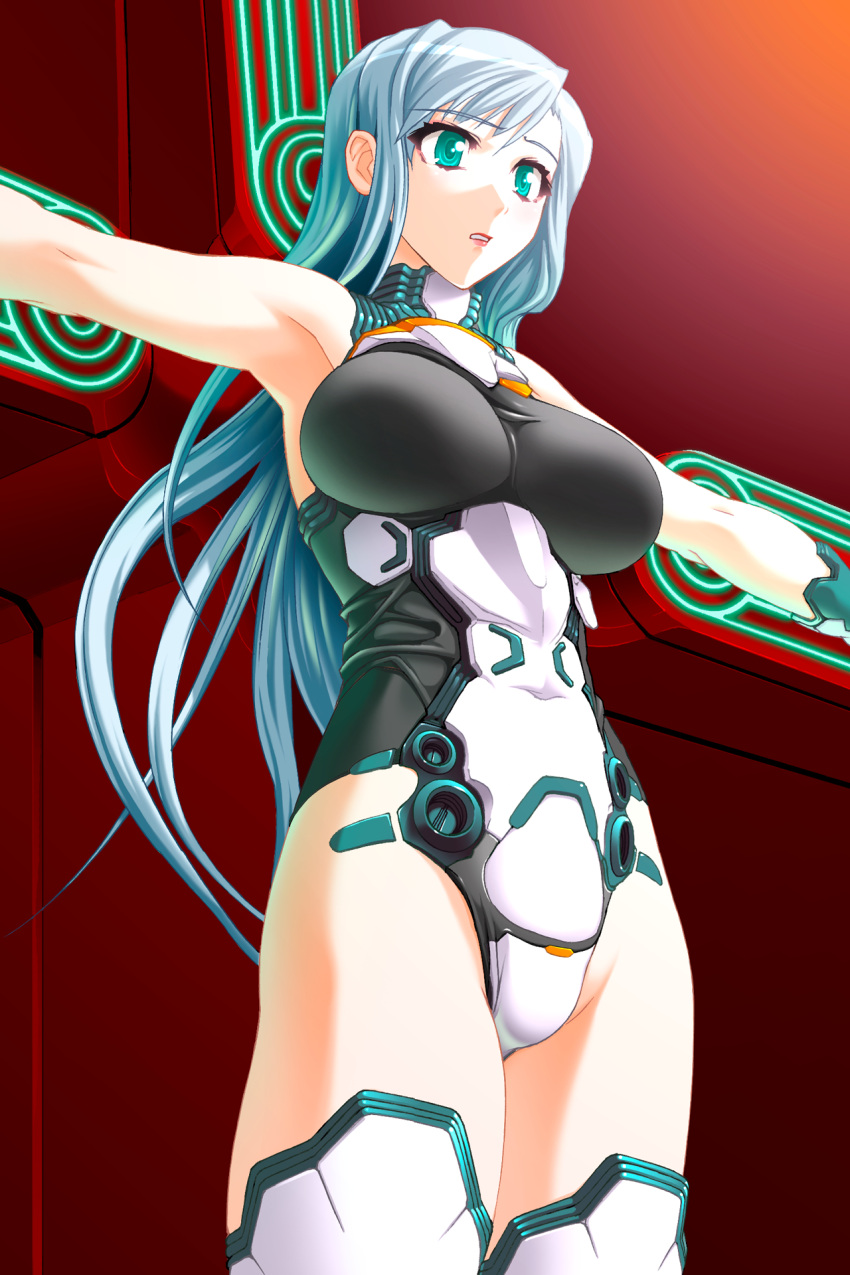 1girl aqua_eyes armpits bangs boots breasts covered_navel crucifixion demonbane eyebrows_visible_through_hair game_cg hair_between_eyes highres large_breasts leotard long_hair metatron_(demonbane) nishii_(nitroplus) official_art parted_lips red_background red_lips shiny shiny_hair silver_hair solo straight_hair thigh-highs thigh_boots very_long_hair white_footwear