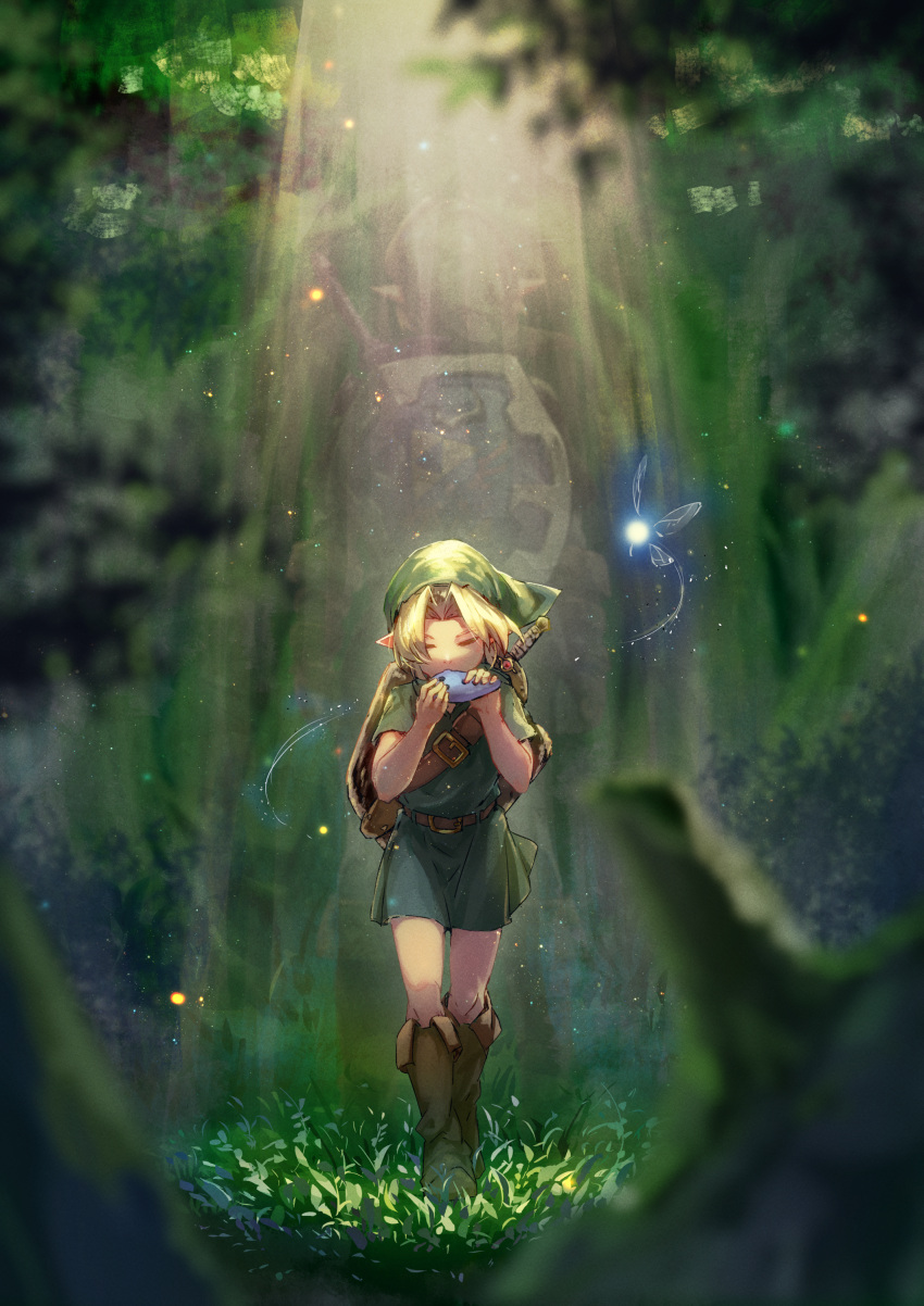 1boy absurdres bangs belt blonde_hair blurry blurry_foreground boots brown_footwear closed_eyes eva_mashiro full_body grass green_headwear green_tunic hat highres instrument link music navi ocarina outdoors parted_bangs playing_instrument pointy_ears shield shorts spotlight sword sword_behind_back the_legend_of_zelda the_legend_of_zelda:_ocarina_of_time tree walking weapon