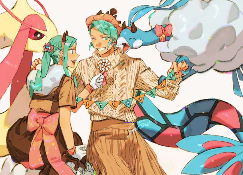 1boy 1girl :d altaria alternate_costume brown_shirt brown_skirt commentary_request eyelashes gloves green_hair grin hat highres korean_commentary lisia_(pokemon) long_hair milotic one_eye_closed open_mouth pokemon pokemon_(creature) pokemon_(game) pokemon_oras seonforest shiny shiny_hair shirt short_sleeves sidelocks skirt smile teeth tongue uncle_and_niece upper_teeth wallace_(pokemon) white_gloves