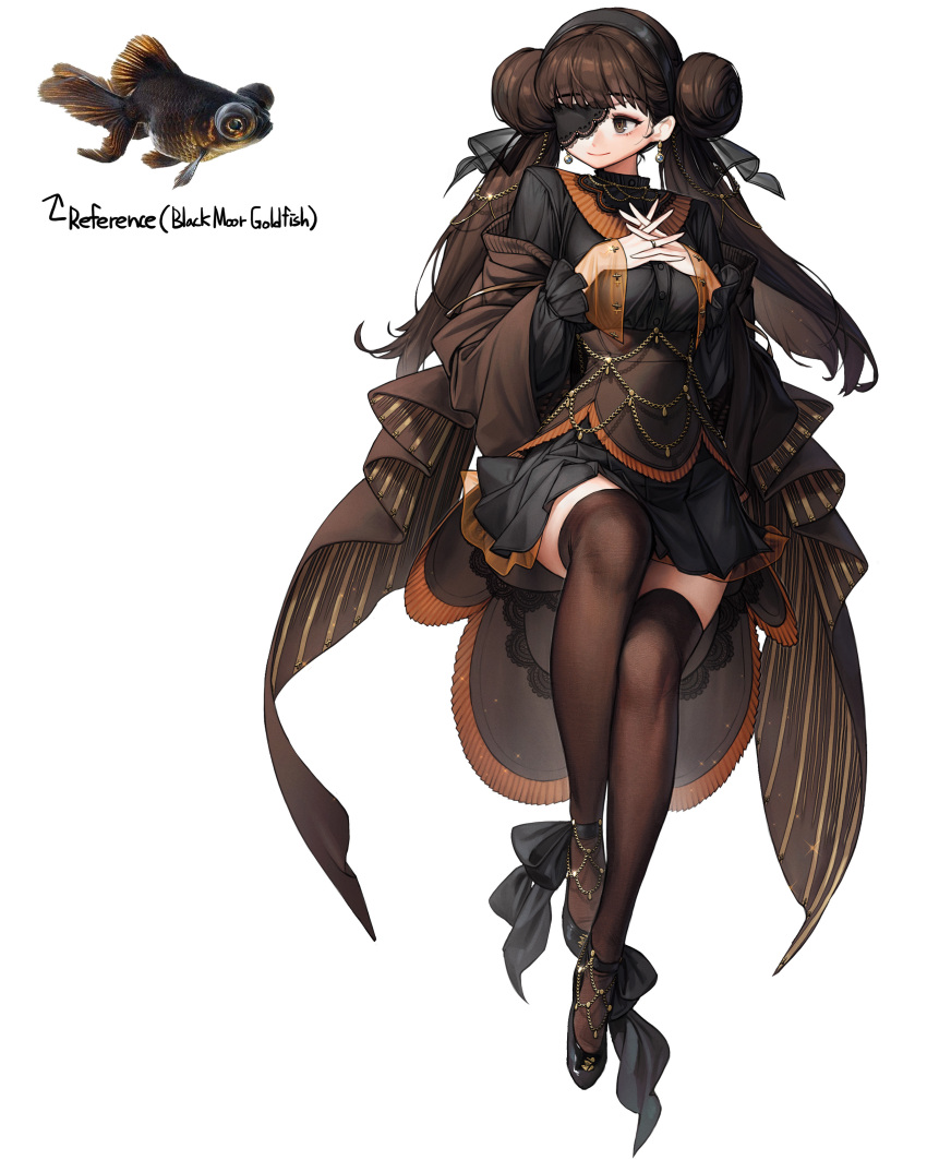 1girl absurdres black_eyes black_footwear black_hair black_legwear double_bun earrings english_commentary eyepatch fish goldfish highres jewelry lace long_hair long_sleeves original own_hands_together personification ring rinotuna shoes simple_background smile solo thigh-highs twintails white_background