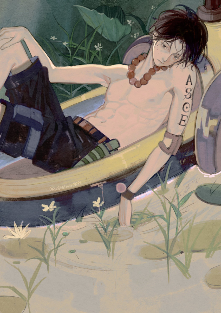 1boy akihare arm_tattoo bead_necklace beads black_hair boat freckles highres jewelry lying male_focus necklace on_back one_piece outdoors plant portgas_d._ace shorts solo tattoo topless_male watercraft wetland