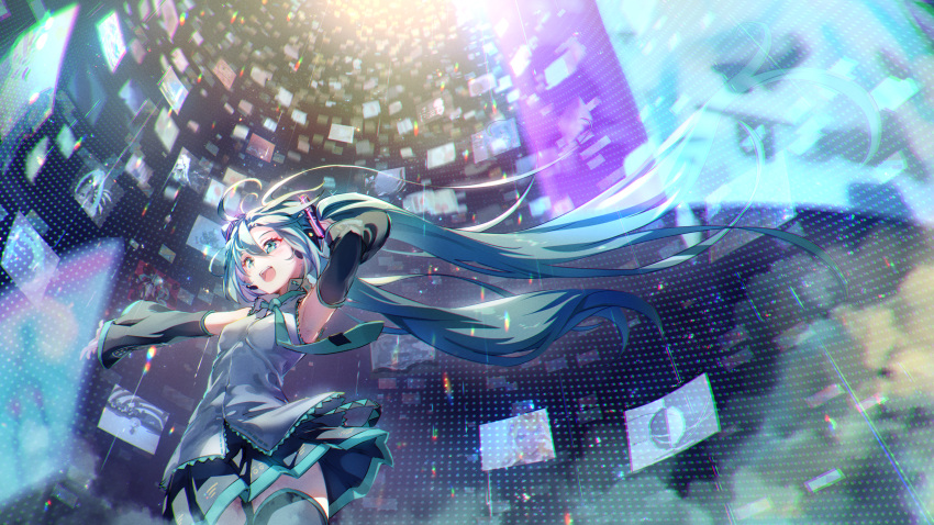 1girl absurdres armpits bangs black_skirt blue_eyes blue_hair blue_necktie collared_shirt commentary_request detached_sleeves eva_mashiro floating_hair grey_shirt hand_in_hair hatsune_miku headset highres holographic_monitor lens_flare long_hair necktie open_mouth outstretched_arm pleated_skirt shirt skirt sleeveless sleeveless_shirt smile solo thigh-highs twintails vocaloid