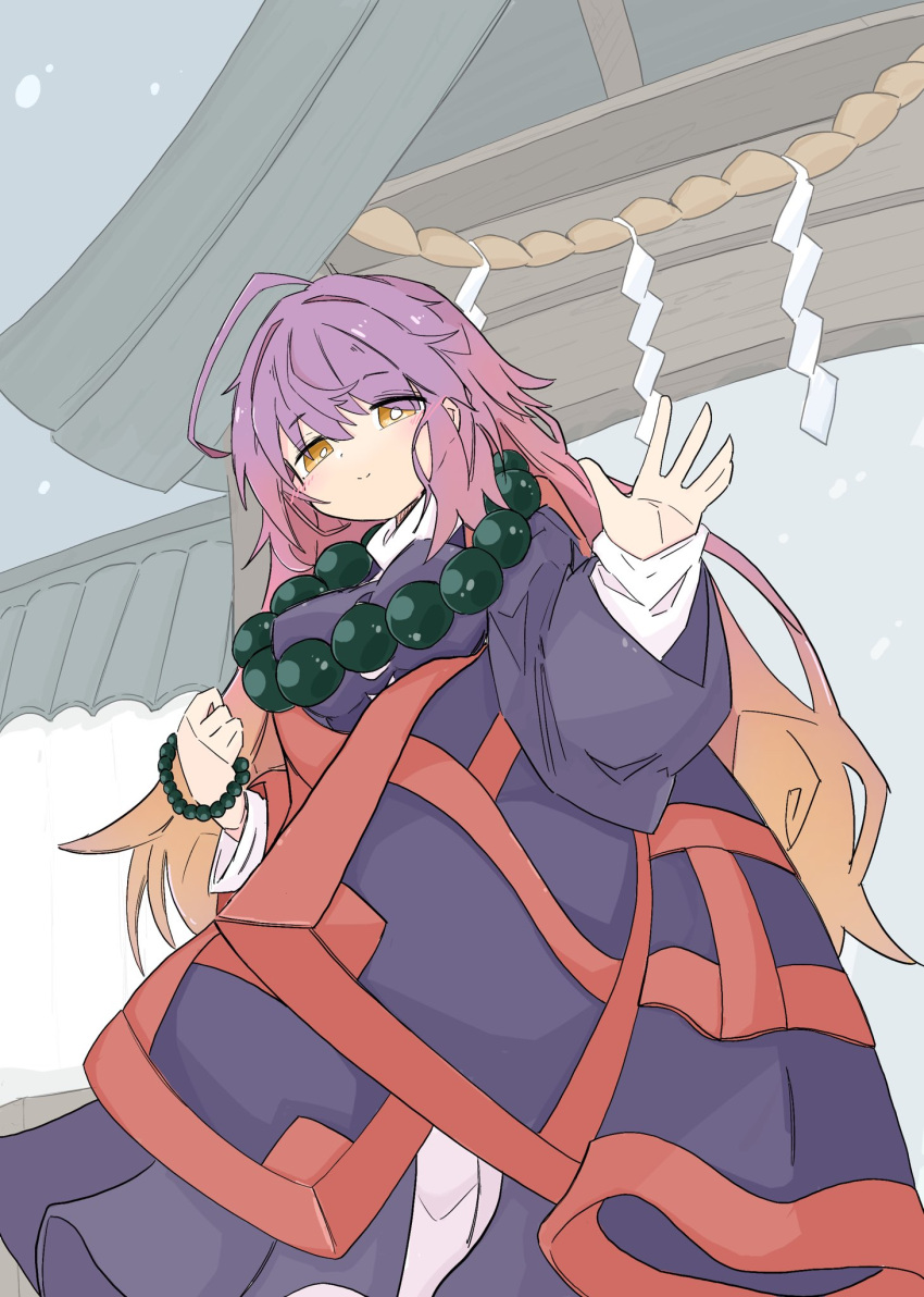 1girl bangs beads bright_pupils brown_eyes brown_hair closed_mouth eyebrows_visible_through_hair gradient_hair highres hijiri_byakuren long_hair long_sleeves looking_at_viewer multicolored_hair prayer_beads purple_hair rope shide shrine smile solo standing tatutaniyuuto touhou two-tone_hair white_pupils wide_sleeves