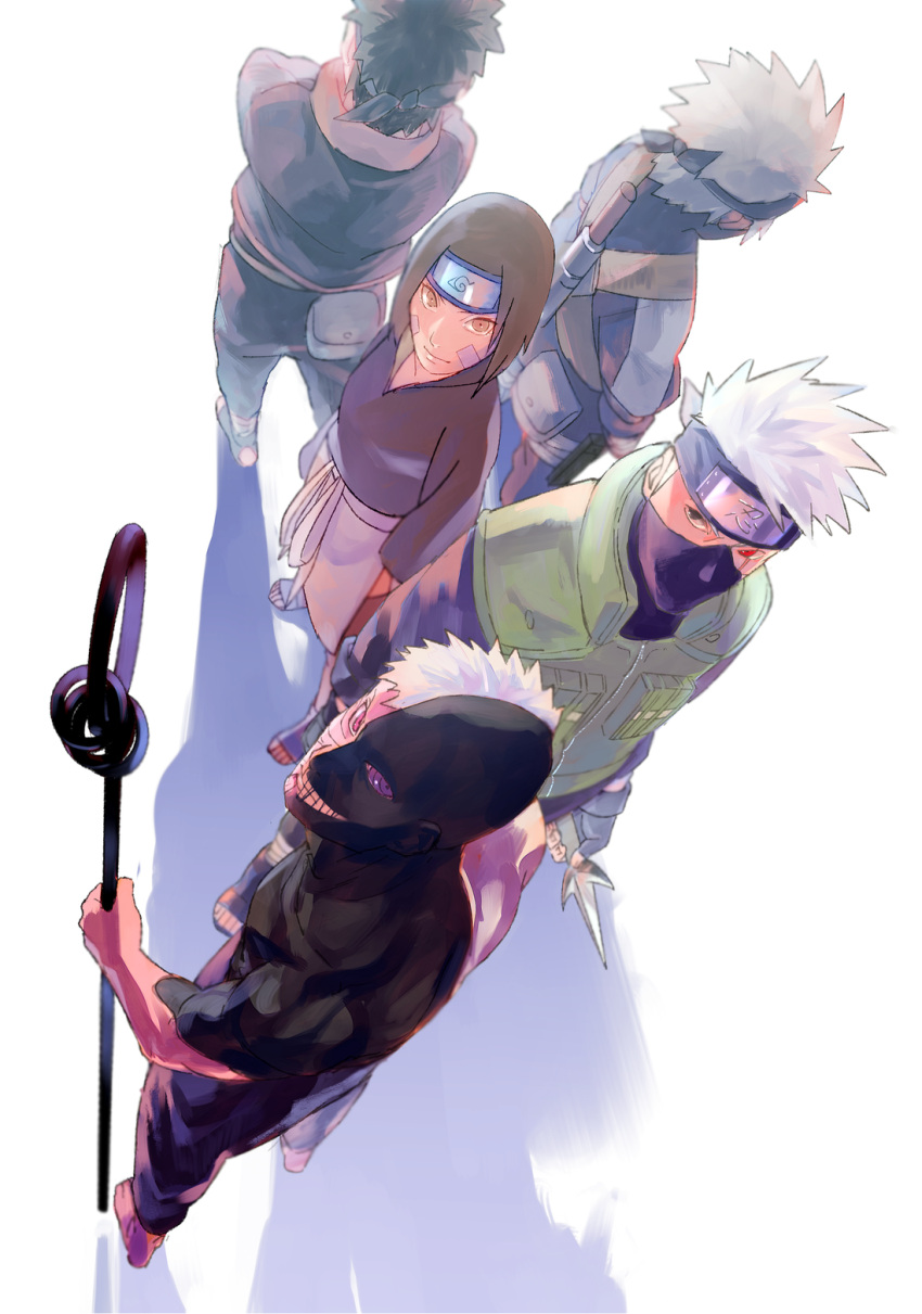 1girl 4boys apron back black_hair brown_eyes brown_hair closed_mouth dual_persona facial_mark forehead_protector from_above from_behind hatake_kakashi highres konohagakure_symbol looking_at_viewer mask mouth_mask multiple_boys naruto_(series) naruto_shippuuden nohara_rin pants red_eyes rinnegan scar scar_across_eye sharingan short_hair smile uchiha_obito vest white_hair younger zetsu_(naruto) zifletts