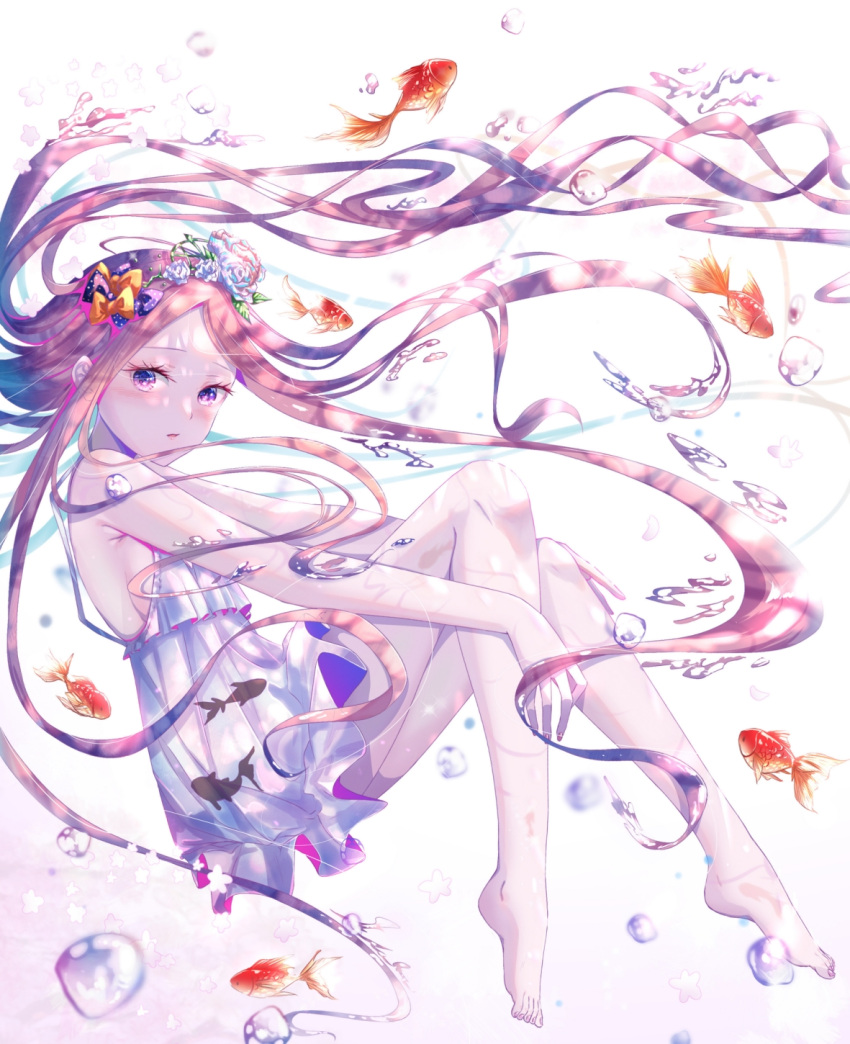 1girl abigail_williams_(fate) animal bangs bare_arms bare_shoulders barefoot black_bow bow brown_hair commentary_request dress fate/grand_order fate_(series) fish floating_hair flower full_body goldfish gradient_hair hair_bow hair_flower hair_ornament highres kinom_(sculpturesky) knees_up long_hair looking_at_viewer multicolored_hair orange_bow parted_bangs parted_lips pink_background polka_dot polka_dot_bow rose sleeveless sleeveless_dress solo star_(symbol) very_long_hair violet_eyes water_drop white_background white_dress white_flower white_rose